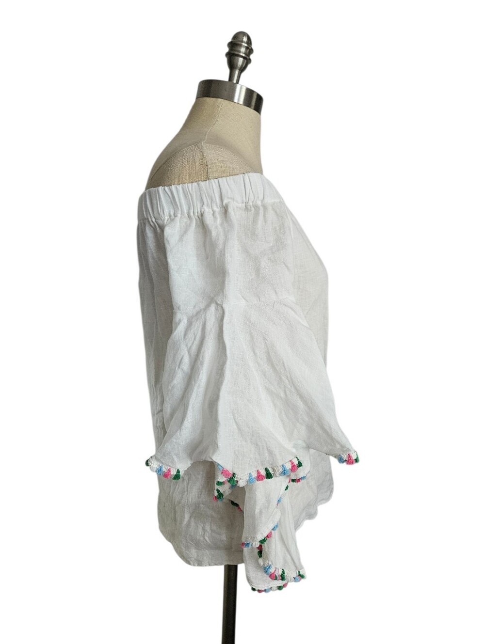 ZARA Off-Shoulder White 100% Linen Flutter Sleeve Colored Tassel Blouse | SZ XS - Picture 5 of 9
